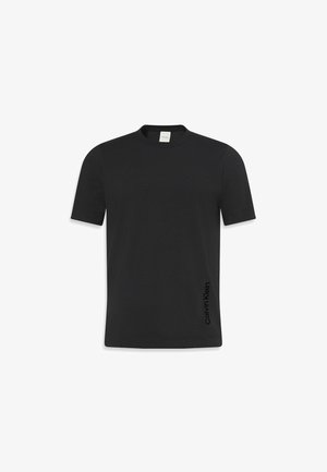 Black short-sleeve t-shirt made of smooth cotton, featuring a classic crew neck and a small logo printed on the lower side.