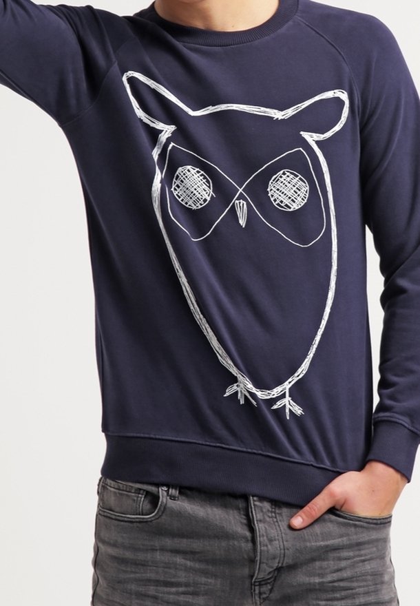 Personne portant un sweat-shirt bleu marine avec un grand croquis blanc d'une chouette sur le devant, associé à un jean gris.
