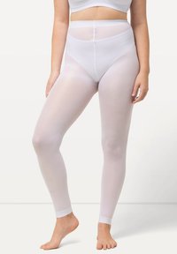 Leggings bianchi opachi con vita alta e design senza cuciture, caratterizzati da una texture liscia e una silhouette aderente fino alle caviglie.
