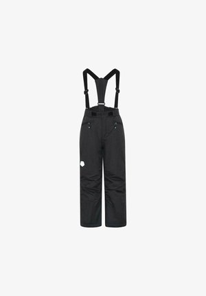Black snow pants with adjustable straps, two front pockets, and a white logo patch on the thigh. Made from waterproof fabric with a smooth texture.