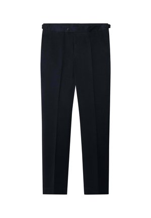 Helleblau Hose aus glattem Stoff mit geradem Bein, zwei vorderen Falten und einem Knopfverschluss an der Taille.