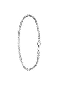 Zilveren armband met een doorlopende rij van heldere ronde kristallen, met een sluiting. Glad oppervlak en minimalistisch ontwerp.