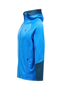 Giacca blu con zip, dotata di cappuccio e dettagli di un verde scuro a contrasto sulle maniche, e tasca laterale con zip. Tessuto dalla texture liscia.