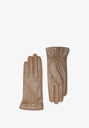 Braune Lederhandschuhe mit glatter Oberfläche, ausgestattet mit einem gerafften Bündchen und goldenen Details am Handgelenk. Fünf-Finger-Design für optimale Funktionalität.