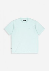 Hellgrünes Baumwoll-T-Shirt mit rundem Ausschnitt, kurzen Ärmeln und einem kleinen Logo auf der Vorderseite. Weicher Stoff und einfacher, lässiger Schnitt.