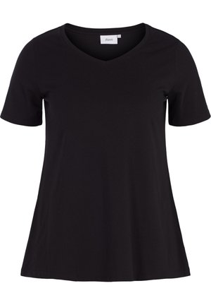 T-shirt in cotone nero con scollatura a V, maniche corte e vestibilità rilassata. Tessuto liscio con colore uniforme, senza motivi o decorazioni.