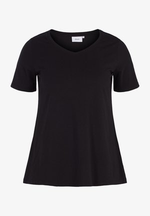 Czarny bawełniany t-shirt z dekoltem w serek, krótkimi rękawami i luźnym krojem. Gładka tekstura, jednolity kolor, bez wzorów i ozdób.