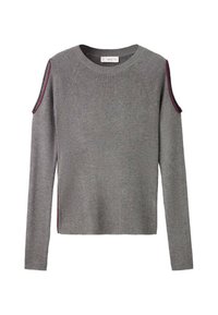 Maglione grigio lavorato a maglia con maniche lunghe, caratterizzato da spalle a scoperto e bordi in bordeaux lungo i polsini e le cuciture laterali.