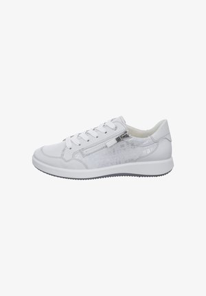 Weißer Sneaker aus glattem Leder mit einer strukturierten Seitenfläche, die metallisch bedruckte Muster aufweist. Ausgestattet mit flachen Schnürsenkeln und einer Gummisohle.