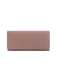 Billetera de cuero sintético rosa con un acabado texturizado, logotipo dorado en la parte frontal y forma rectangular, con cierre de solapa.