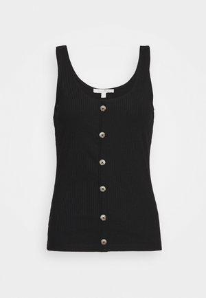 Schwarzes, geripptes Tanktop mit Rundhalsausschnitt, das eine Reihe von sechs silbernen Knöpfen auf der Vorderseite aufweist. Enganliegendes Design mit glatter Oberfläche.