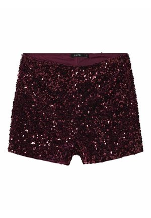 Bordo värvi glitterpükstükk, millel on sile sisemus, vormiv lõige ja särav, peegeldav pind, ideaalne pidulikeks sündmusteks.