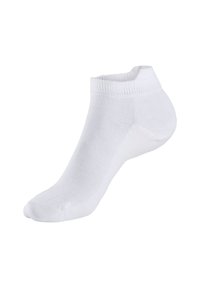 White ankle sock made of textured fabric, featuring a ribbed cuff for secure fit and seamless toe for added comfort.