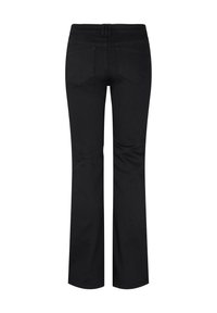 Jeans negri evazați, cu o textură netedă, având un design cu cinci buzunare și detalii cusute pe braguți și buzunarele din spate.