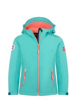 Türkisfarbene Softshell-Kinderjacke mit orangefarbenem Reißverschluss und Kapuzenfutter, seitlichen Reißverschlusstaschen, Logopatch am linken Ärmel und Details mit der norwegischen Flagge.