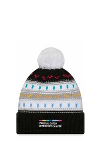 Knit beanie in black, gray, and white with colorful arrow patterns. Features a white pom-pom and a label reading "CRUCIAL CATCH INTERCEPT CANCER."
