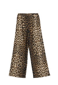Leopardprint wijdteme pants gemaakt van stof met een elastische tailleband. Kenmerkt zwart en beige kleuren in een gedurfde dierenprint.