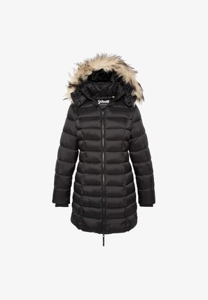Zwarte gewatteerde winterjas met ritssluiting aan de voorkant en een capuchon met bontafwerking, lange mouwen en merklabel in de kraag.