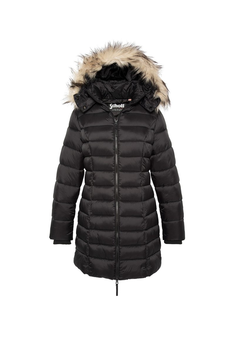 Cappotto invernale imbottito nero con zip frontale e cappuccio con bordo in pelliccia, maniche lunghe e etichetta del marchio all'interno del colletto.