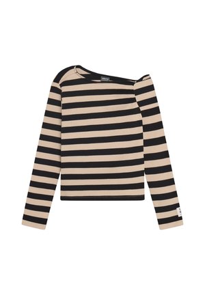 Beige en zwarte horizontaal gestreepte trui met lange mouwen, brede ronde halslijn en een klein label op de linker mouwmanchet.