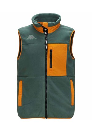Gilet in pile verde con dettagli arancioni, caratterizzato da un colletto alto, chiusura zip frontale e due tasche con zip per il riporre gli oggetti.