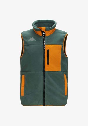 Gilet in pile verde con dettagli arancioni, caratterizzato da un colletto alto, chiusura zip frontale e due tasche con zip per il riporre gli oggetti.