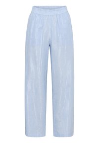 Light blue, wide-leg trousers with vertical white stripes. Features an elastic waistband and smooth, shiny texture throughout.