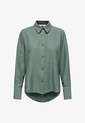 Zaļa, garām piedurknēm krekls ar pogām priekšā, klasisku apkakli un noapaļotu apakšu. Audumam ir smalka tekstūra un mīksts apdare.