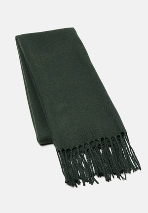 Cachecol verde escuro feito de um tecido suave, com um design clean e bordas franjas para adicionar textura.