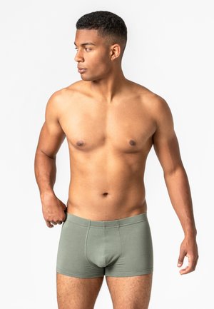 Muscular man wearing green boxer briefs, looking sideways with one hand adjusting waistband against plain white background.