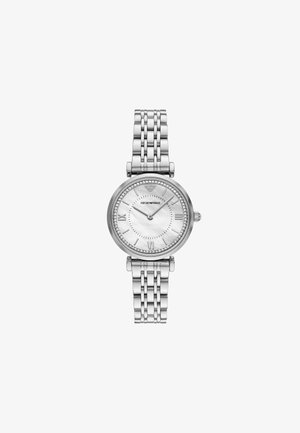 Orologio in acciaio inossidabile silver con quadrante tondo, dial in madreperla bianca, indicatori in numeri romani e accenti di cristallo sulla lunetta.