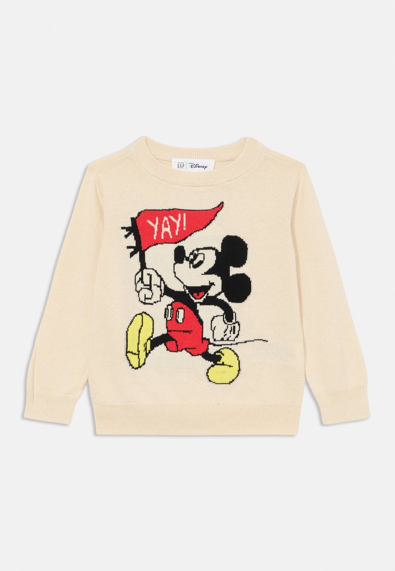 Gehaakte trui in crème met een kleurrijk Mickey Mouse ontwerp dat een rode vlag vasthoudt met "YAY!" in het wit. Geribbelde manchetten en zoom.