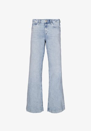Lichtblauwe wijd gesneden jeans van denim, met een knoopsluiting aan de voorkant, riemlussen en een schone zoom met subtiele vervaging.