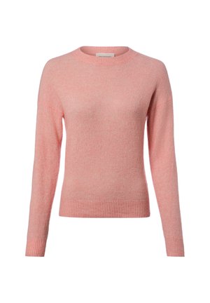 Miękki różowy sweter z długim rękawem i okrągłym dekoltem, wykończony ściągaczami na mankietach i dole, o przytulnej dzianinowej fakturze.