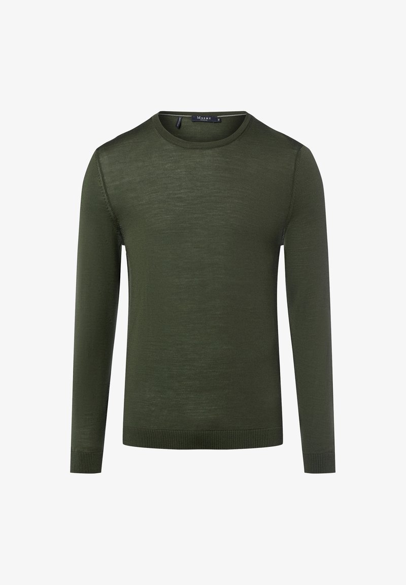 Pull vert foncé à manches longues avec col rond, poignets et ourlet côtelés, présenté sur fond blanc.