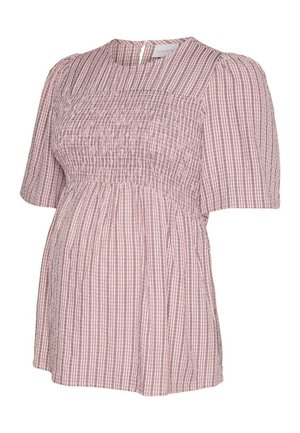 Blouse de maternité à rayures verticales roses et blanches avec manches courtes bouffantes et détail de corsage froncé, dotée d'une fermeture à bouton en forme de goutte d'eau au dos.