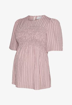 Roosa ja valge vertikaalsete triipudega rasedusbluus lühikeste põõsasvarrukatega ja krobelise bodi detailiga, tagaküljel nööpauguga kinnitusega.