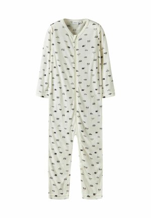 Ljust grön pyjamasoverall i mjuk bomull, med ett lekfullt mönster av bilar och tillbehör, långa ärmar och dragkedja framtill.