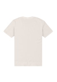 T-shirt z krótkim rękawem i okrągłym dekoltem w jasnobeżowym kolorze, wykonany z bawełny. Posiada gładką teksturę, prosty dół oraz brak widocznych oznakowań i wzorów.