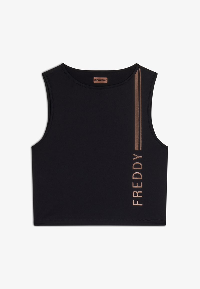 Top corto nero senza maniche realizzato in tessuto elastico, caratterizzato da una fantasia a strisce oro e dal logo "FREDDY" stampato sul davanti.