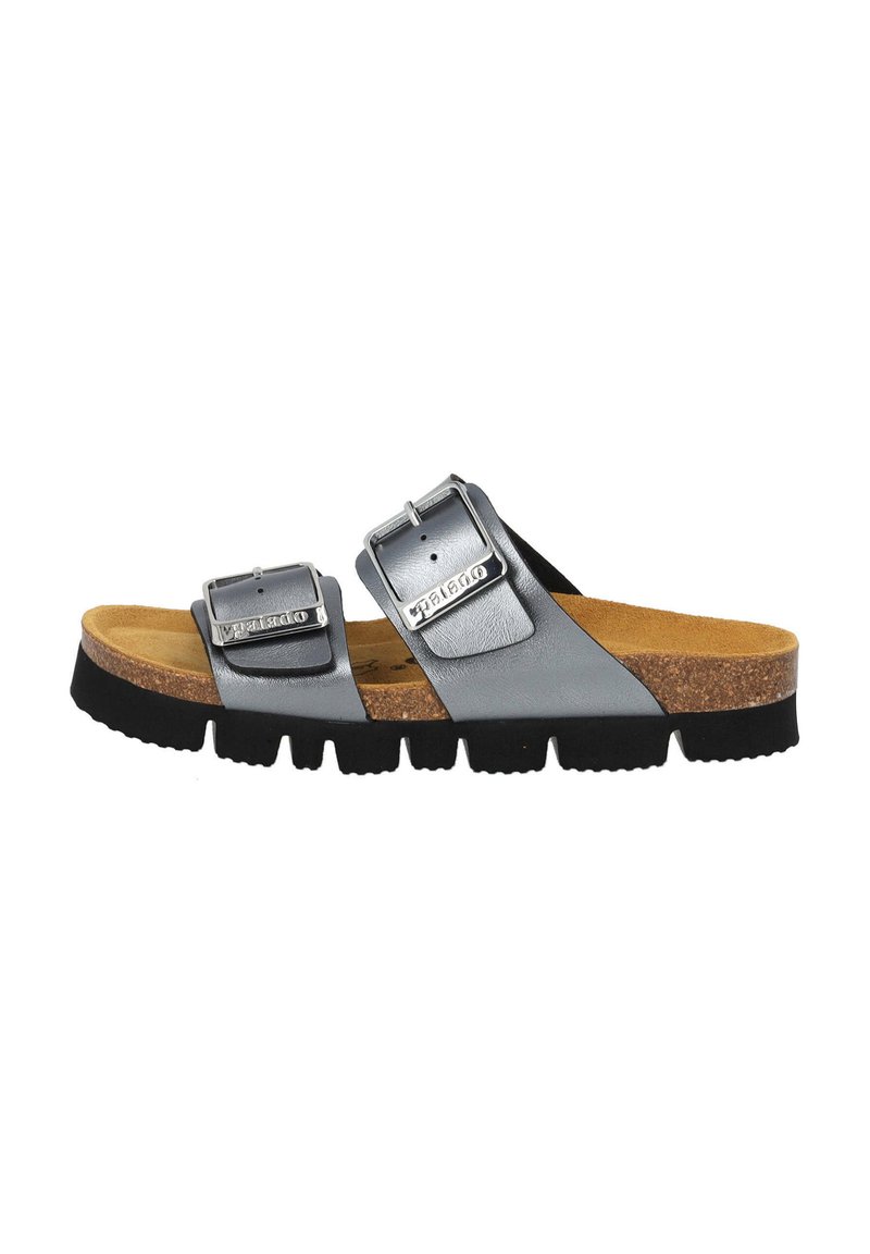 Grijze slipper met twee verstelbare gespen, kurken voetbed, rubberen zool en een gespleten bandontwerp voor comfortabel draagcomfort.