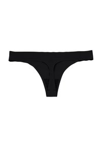 Culotte en thong noire en matériau lisse et élastique, offrant une couverture minimale et un design sans coutures, avec une large taille et un style T-back.