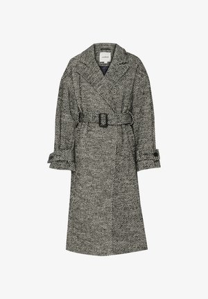 Trench coat a motivo pied-de-poule in bianco e nero, con cintura, ampi rever e polsini arrotolati. Realizzato in tessuto testurizzato, design di lunghezza media.