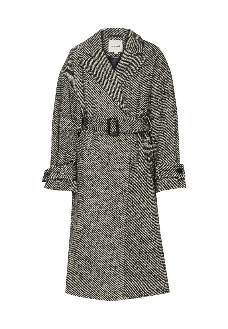 Trench coat de estampado de pata de gallo en blanco y negro, con cinturón, solapas anchas y puños enrollados. Fabricado en tejido texturizado, diseño de longitud media.