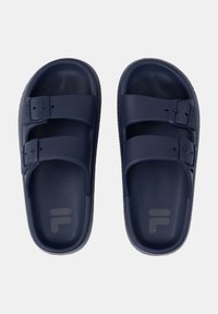 Navy blue sandals with two adjustable straps, made from textured material, featuring breathable perforations and a logo printed on the footbed.