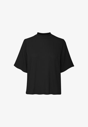 Musthave musta lühikeste varrukatega topp kõrge kaelusega, valmistatud tekstuurses kangas. Omab mugavat lõiget ja sirget allserva.