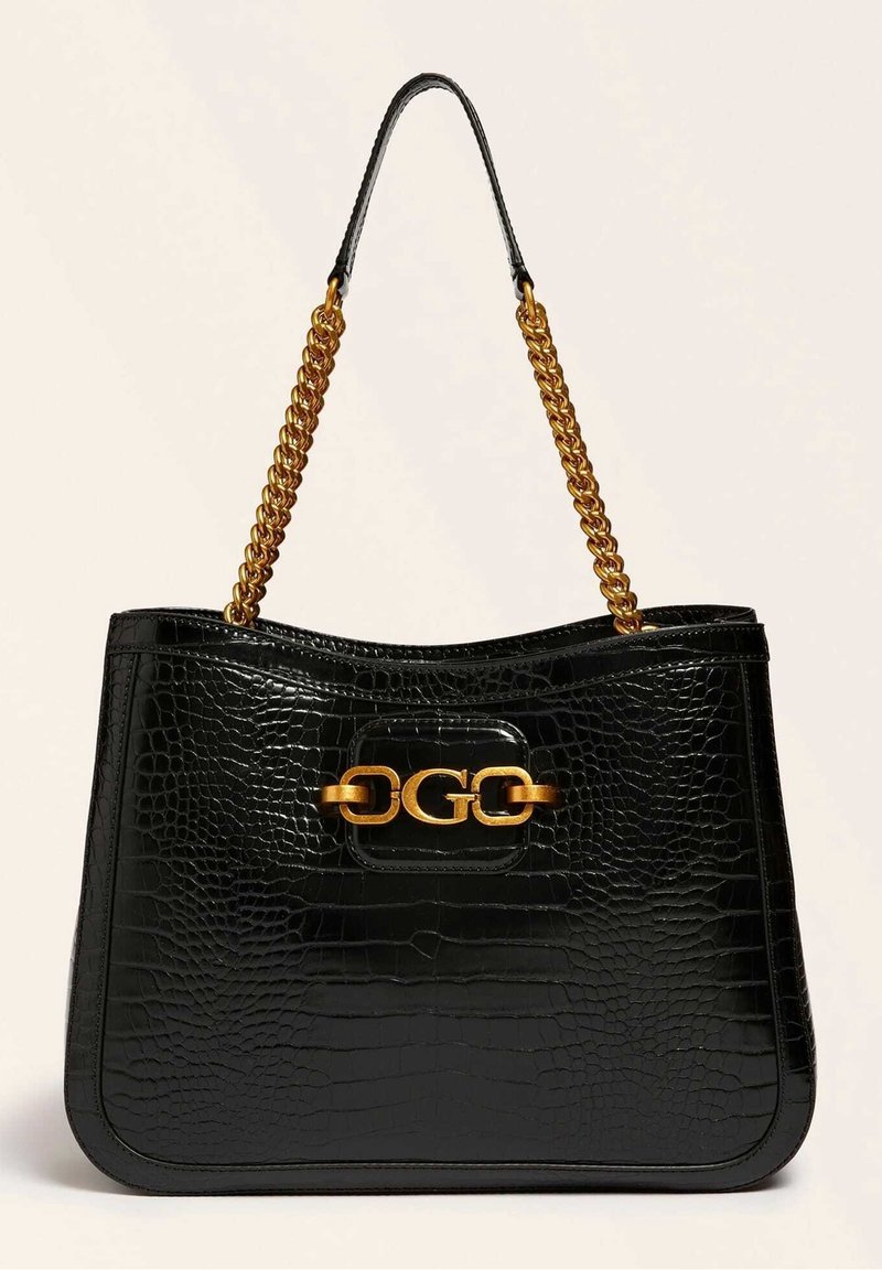 Sac à main en cuir noir embossé façon crocodile avec des poignées en chaîne dorée et une fermeture devant ornée d'un logo double-G doré proéminent.