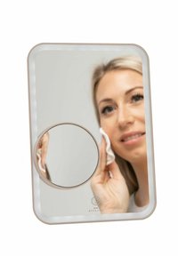 Rectangular mirror with a slim lighted frame. Features a circular inset magnifier, clear glass surface, and a minimalistic design.