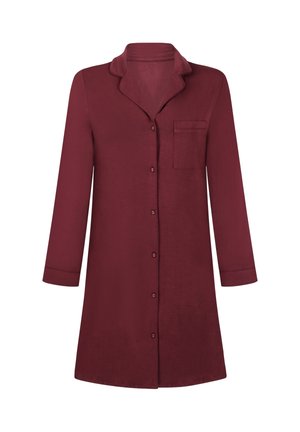 Bordeauxrotes, langärmeliges Hemdkleid mit Kragen, vorderen Knöpfen und einer Brusttasche; glatter Stoff mit einfarbiger Textur.