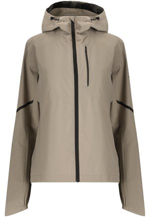 Beige hætte-regnjakke med sort lynlås, lynlås på brystlomme og sorte detaljerede striber på ærmerne.